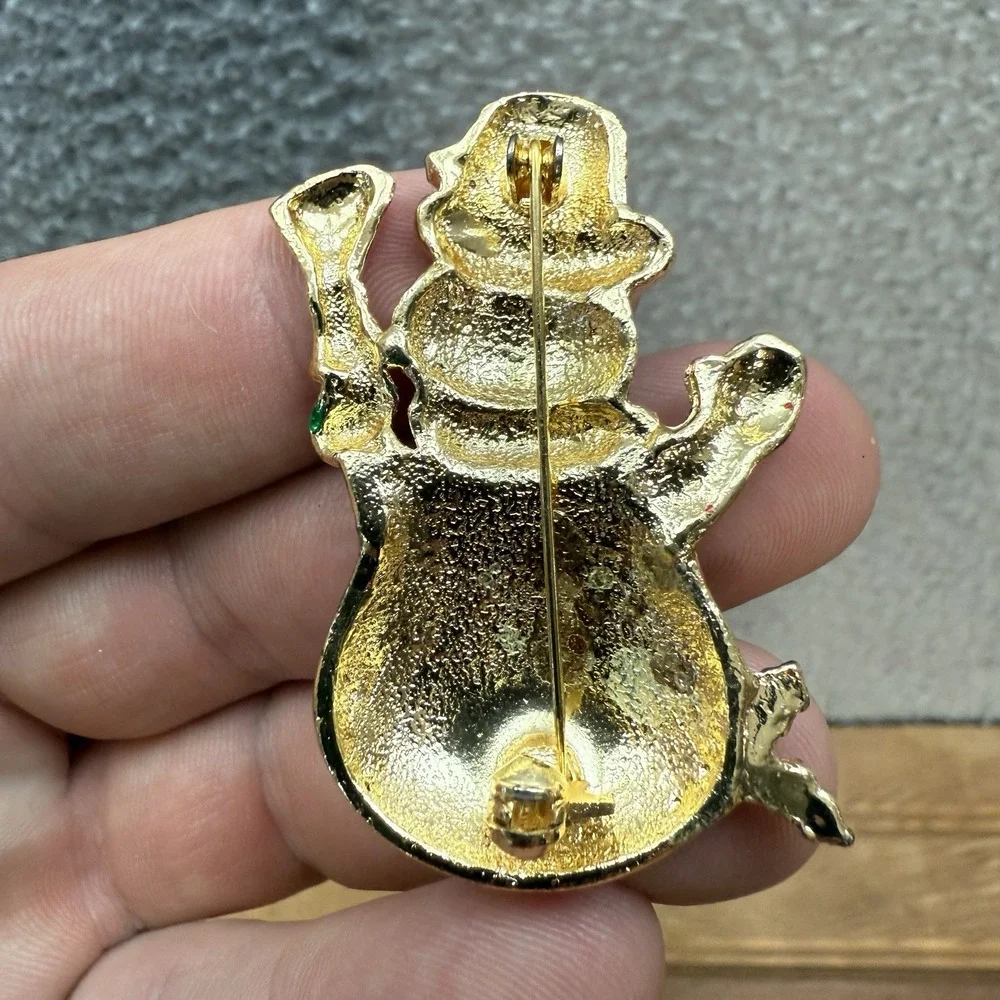 Vintage Snowman Brooch Pin‎ Gold Tone Enameled Christmas Holiday Winter XMAS
